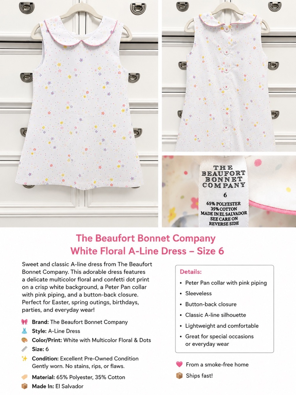 The Beaufort bonnet company White Floral A-Line Dress with Pink Piping